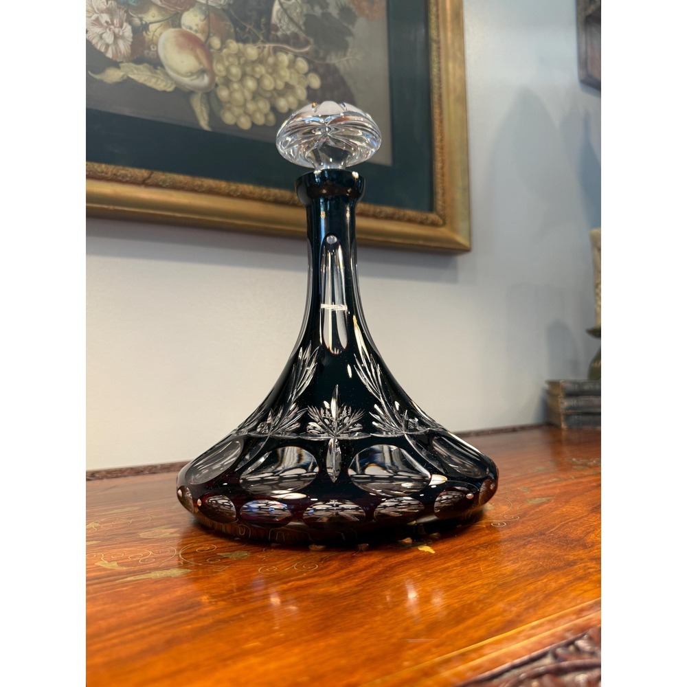 Vintage Cut to Clear Ruby Crystal Decanter • Bohemian Czech Art Glass Barware